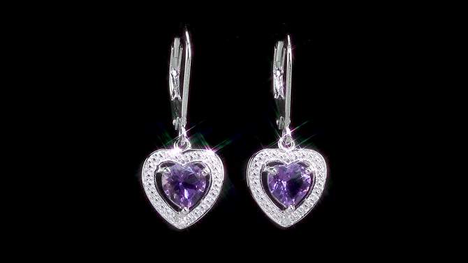 1.6 CT. T.W. Amethyst and .005 CT. T.W. Diamond Heart Shaped Leverback Drop Earrings in Sterling Silver - Amethyst, 2 of 4, play video