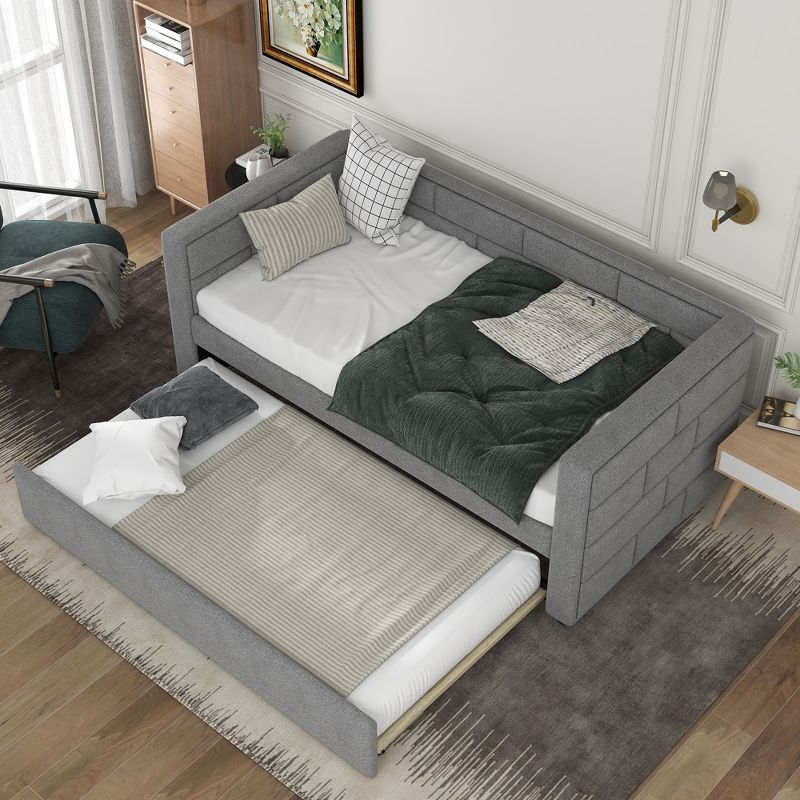 Twin Size Daybed with Trundle Bed and Padded Back, Gray-ModernLuxe, 3 of 11