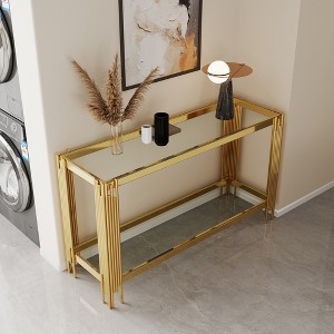 Vynxaria Top and Bottom Double Layer Tempered Glass Console Table and Mirror Finished Stainless Steel Frame - 1 of 4