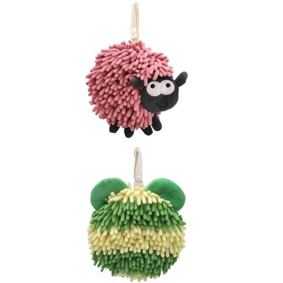 REGALWOVEN 2 Packs Chenille Fuzzy Ball Bathroom Sheep Shape Absorbent Fast Drying Hand Towels 7" x 7"