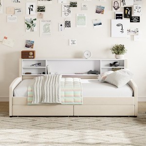 Whisen Twin Size Velvet Upholstered Platform Bed & Daybed with 2 Storage Drawers & Built-in Side Shelf - 1 of 4