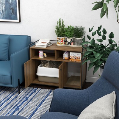 Brown Wood and Metal Freestanding Cat Litter Box Enclosure