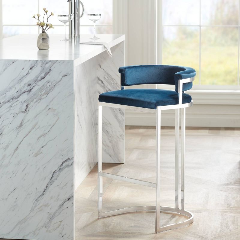 Studio 55D Jazmin Polished Stainless Steel Bar Stool Silver 31" High Modern Blue Cushion with Low Backrest Footrest for Kitchen Counter Height Island, 2 of 10