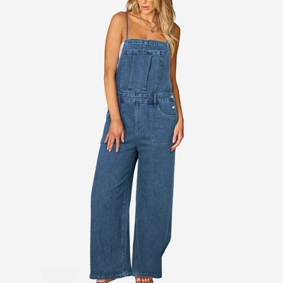 Amaryllis Women’s Wide Leg Denim Overalls Adjustable Strap Jumpsuit Front Bib Pocket Side Button Detail Relaxed Fit