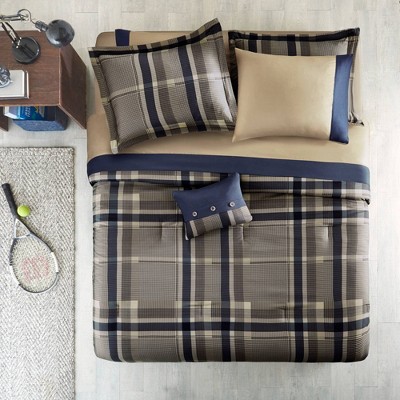 Navy and Taupe Plaid Twin Microfiber Bed in a Bag Set