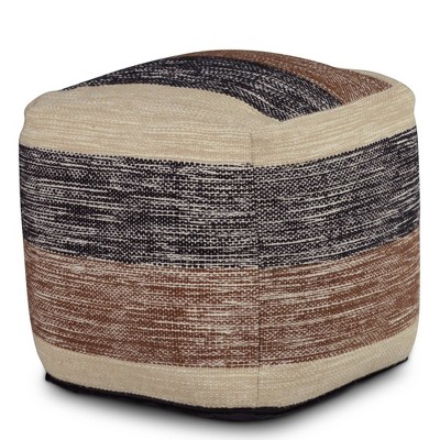Tri-Color Earth Stripe Handwoven Pouf in Black, Brown, and Beige