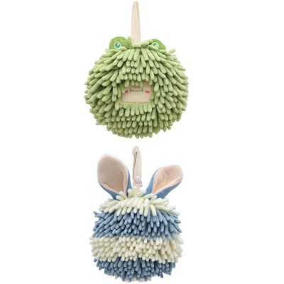 REGALWOVEN Rabbit Shape Quick Drying Soft Absorbent Decorative Chenille Fuzzy Ball Hand Towels with Hanging Loops 7" x 7" 2 Pcs