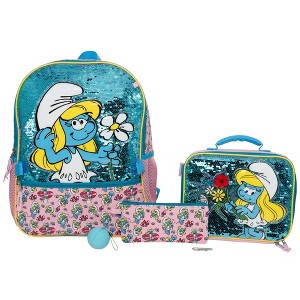 Smurfs 5 Piece Backpack Set, Smurfette Flip Sequin Girls School Bag with Front Zip Pocket, 2 Side Mesh Pockets, Pink & Blue - 1 of 4