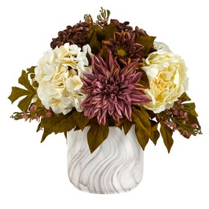 Nearly Natural 15-in Peony, Hydrangea and Dahlia Artificial Arrangement in Marble Finished Vase - 1 of 4