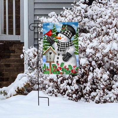 Checkered Snowman Winter Garden Flag with Cardinal and Berries 12.5" x 18"