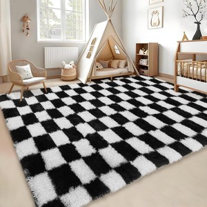 Modern Checkered Runner Rug, Ultra-Soft High Pile Non-Slip Shaggy Carpet for Hallway Bedroom Entryway - 1 of 4