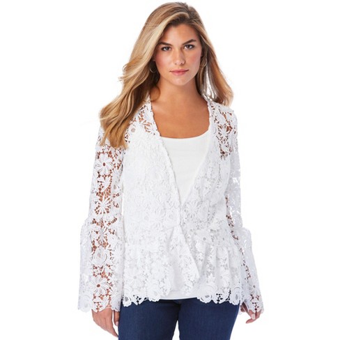 Roaman's Women's Plus Size Bell-Sleeve Lace Jacket, 38 W - White