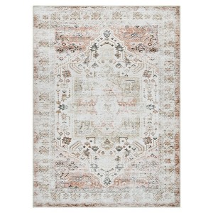 Washable Vintage Oriental Rug Non Slip Low Pile Rug Soft Throw Floor Cover Retro Medallion Foldable Indoor Carpet for Living Room Bedroom Nursery - 1 of 4