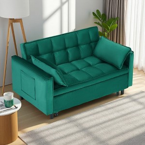 55" Green Velvet 3-in-1 Convertible Sofa Bed with Curved Back & Storage - 1 of 4