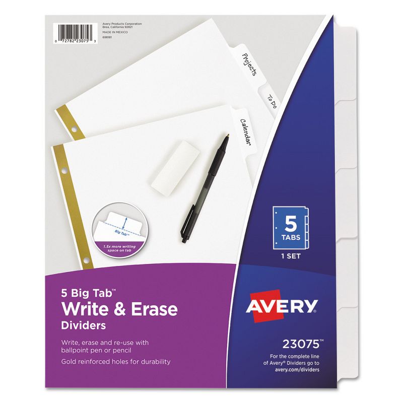 Avery Big Tab Write-On Dividers w/Erasable Laminated Tabs, White, 5/Set, 1 of 4