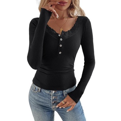 Coolmee Women’s Long Sleeve Henley T Shirts Button Down Slim Fit Tops Scoop Neck Ribbed Knit Shirts
