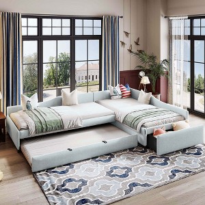 Linen Fabric Upholstered Double Twin Size Platform Daybed with Trundle and Drawer - ModernLuxe - 1 of 4