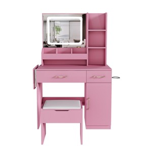 TopComfy Makeup Mirrors Vanity Desk with Mirror Makeup Dressing Table with 3 Drawers 7 Shelves and Storage Stool for Girls, Pink, 35.83"*23.62"*8.46" - 1 of 4