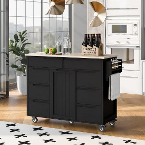 Kitchen Cart With Rubber Wood Countertop, Large Storage Space Flatware Organizer With Spice Rack, Towel Rack, Rolling Kitchen Cart W/5 Wheels - 1 of 4