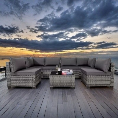 FURNIinspire Patio Seating Sets 7 Piece Outdoor Patio Furniture Sets, Modern All-Weather Wicker Sectional Sofa With Coffee Table, Gray