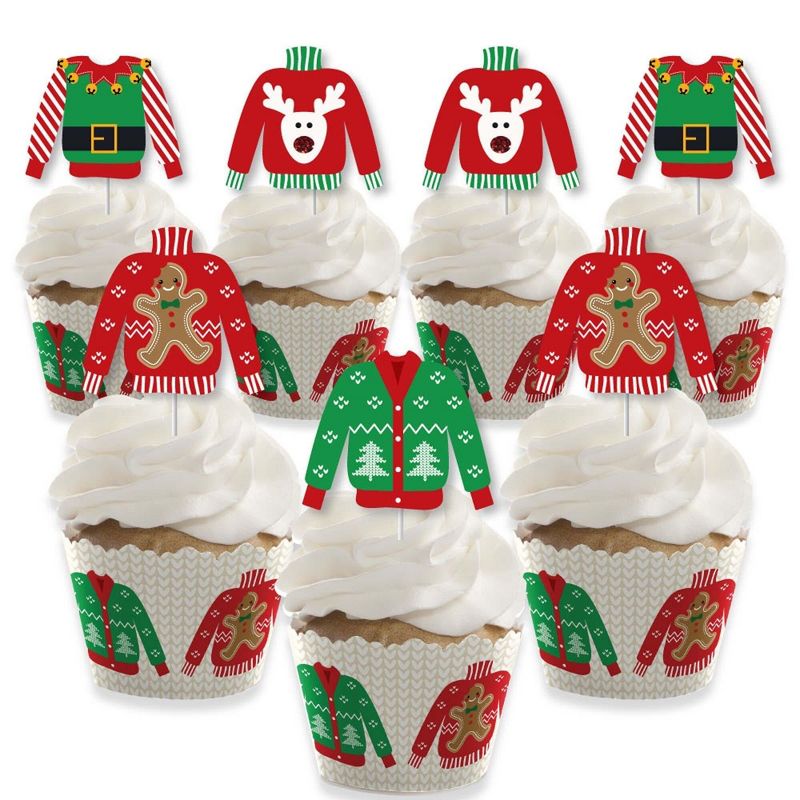 Big Dot of Happiness Ugly Sweater - Cupcake Decoration - Holiday and Christmas Party Cupcake Wrappers and Treat Picks Kit - Set of 24, 1 of 9