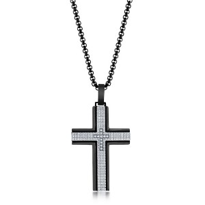 Metallo Stainless Steel Black & Silver CZ Cross Necklace - Silver - 24 Inch - 1 of 3