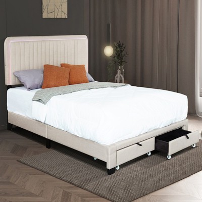 Queen Size Upholstered Bed Framewith Storage and Adjustable Headboard,Bed Frame Platform with 2 Drawers, No Box Spring Required