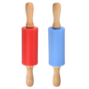 Unique Bargains Silicone Smooth Non-Stick Wooden Handle Kitchen Rolling Pin 2 Pcs - 1 of 4
