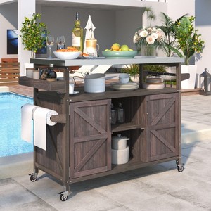 Isabel Outdoor Kitchen Island with Storage Cabinet, Solid Wood Patio Bar Cart with Stainless Steel Table Top, Outdoor Furniture - The Pop Home - 1 of 4