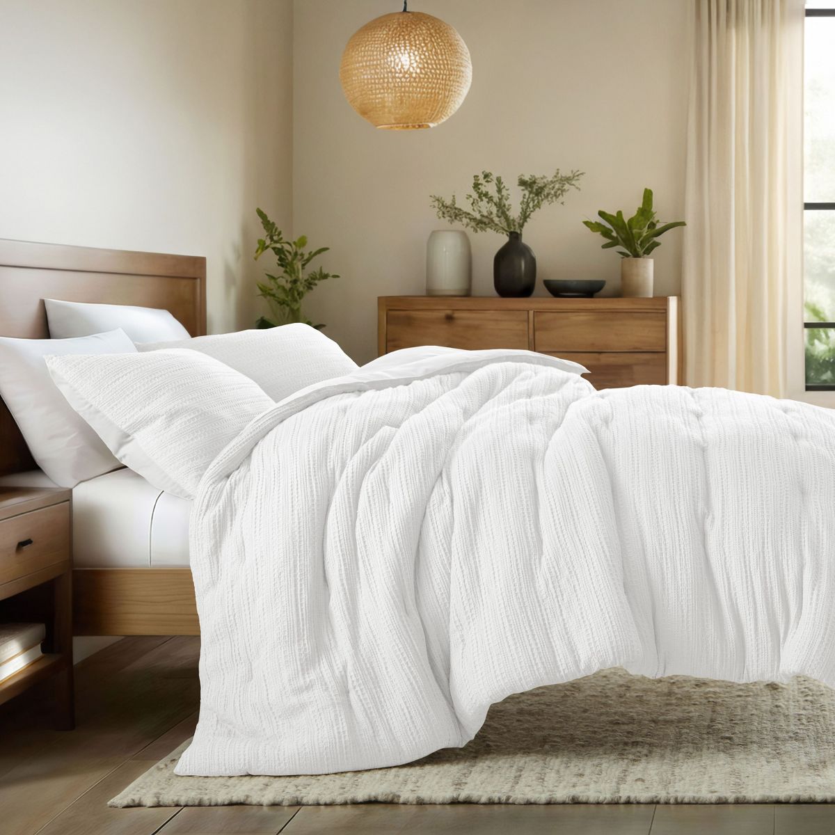 Waffle Textured Comforter Set All Season Down-Alternative Ultra Soft Bedding - Becky Cameron, White, Full/Queen