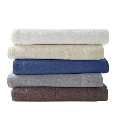 Twin Blue and Ivory Cotton Herringbone Stripe Blanket