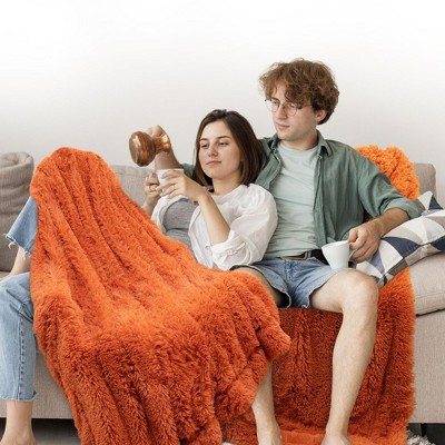 Rust Orange Reversible Faux Fur and Fleece Throw Blanket 60" x 70"