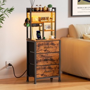 Furnulem Tall Night Stand with 3 Fabric Drawers and LED Lights, Nightstand with Bookshelf - 1 of 4