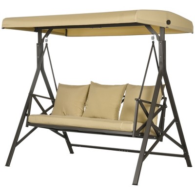 Khaki Metal 3-Seat Patio Swing Chair with Adjustable Canopy