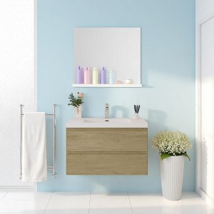 35.4" Wall-Mounted Bathroom Vanity with White Resin Sink, Soft-Close Doors & Open Back Design – Modern Floating Timber Cabinet - 1 of 4