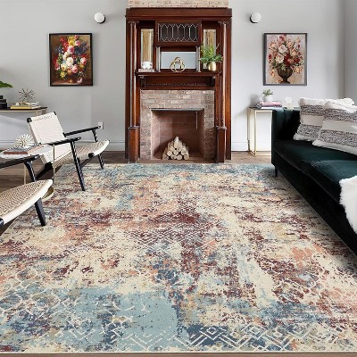 Modern Abstract Washable Area Rug, Low Pile Non-Slip Non-Shedding Foldable Carpet for Bedroom Living Room Playroom