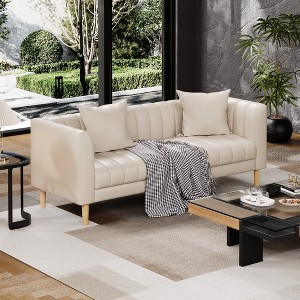78" W Faux Leather Modern 3 Seater Sofa Couch for Living Room with Deep Seats, 2 Throw Pillows and Wood Legs - 1 of 4