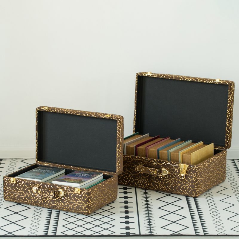 Vintiquewise Decorative Tufted Velvet Suitcase Treasure Chest Set of 2, Brown, 5 of 6