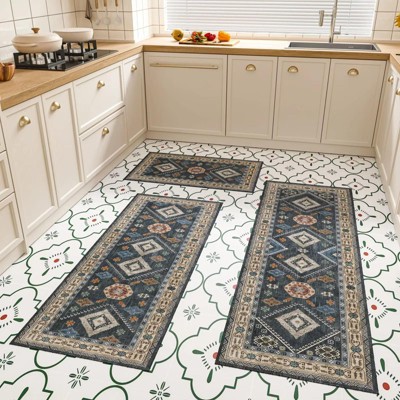 MaseiKar 3-Piece Kitchen Rugs Set with Runner, Non-Slip Washable Vintage Bohemian Floor Mats for Kitchen, Hallway, Laundry Room, Farmhouse Decor