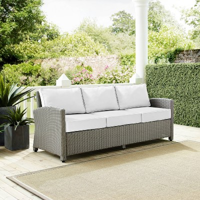 Gray and White Wicker Outdoor Sofa with Cushions