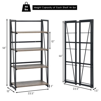 Rustic Brown 4-Tier Folding Industrial Bookshelf with Metal Frame