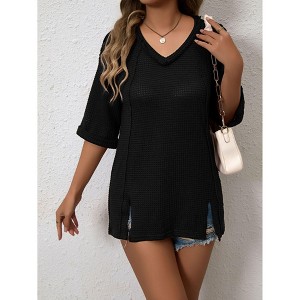 Women's Waffle Knit V Neck Top with Side Slits Half Sleeve Casual Tunic - 1 of 4