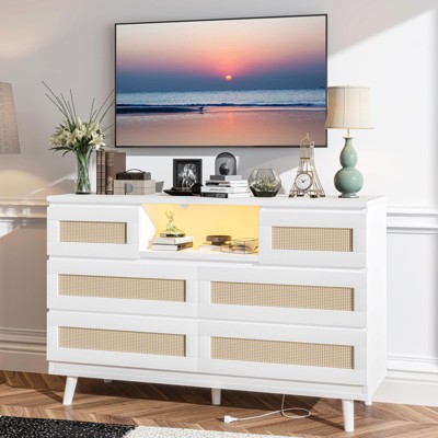 Garvee Natural Rattan Dresser for Bedroom with LED Light and Charging Station, 6 Drawer Double Dressers, Modern Wooden Dresser Chest for Living Room
