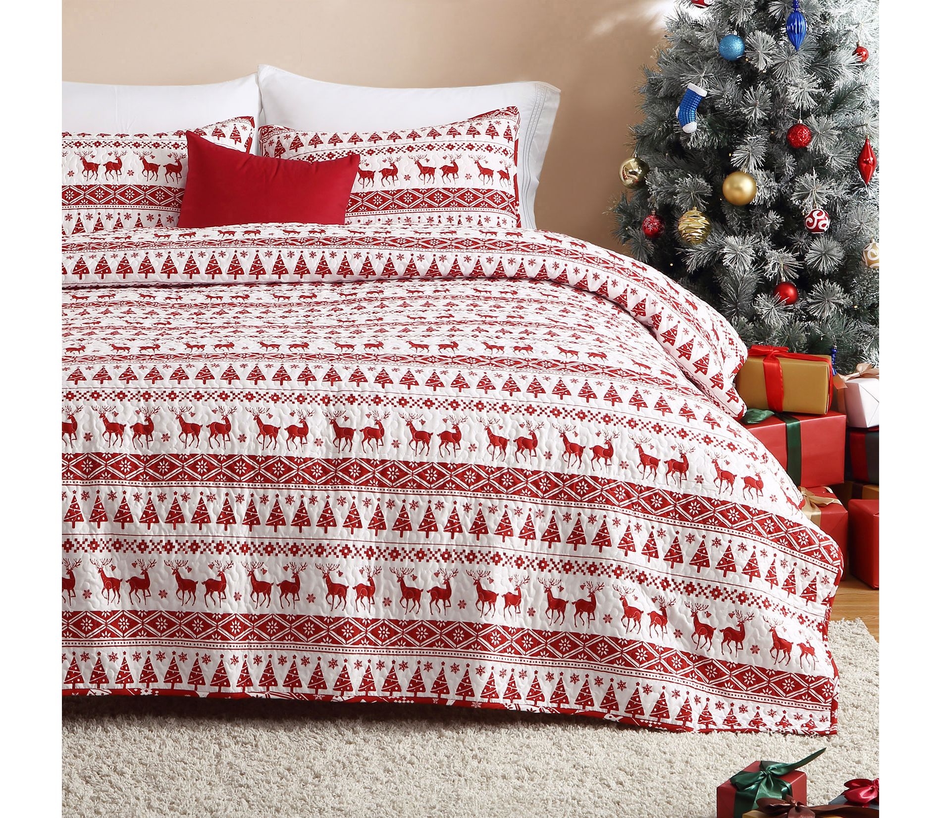 Christmas Quilt Set King Size - Boho Reversible Bedspread Coverlet Set with Christmas Tree Reindeer Snowflakes Printed Pattern, Soft Lightweight