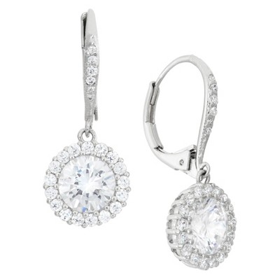 Sterling Silver 8mm Round-cut CZ Halo Leverback Drop Earrings
