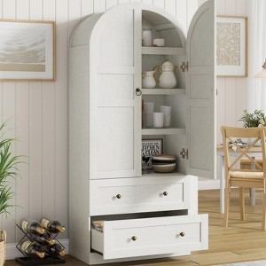 72" Tall Arched Kitchen Pantry Cabinet, Farmhouse Wood Pantry Storage Cabinet with 2 Large Drawers & Glass Door - 1 of 4