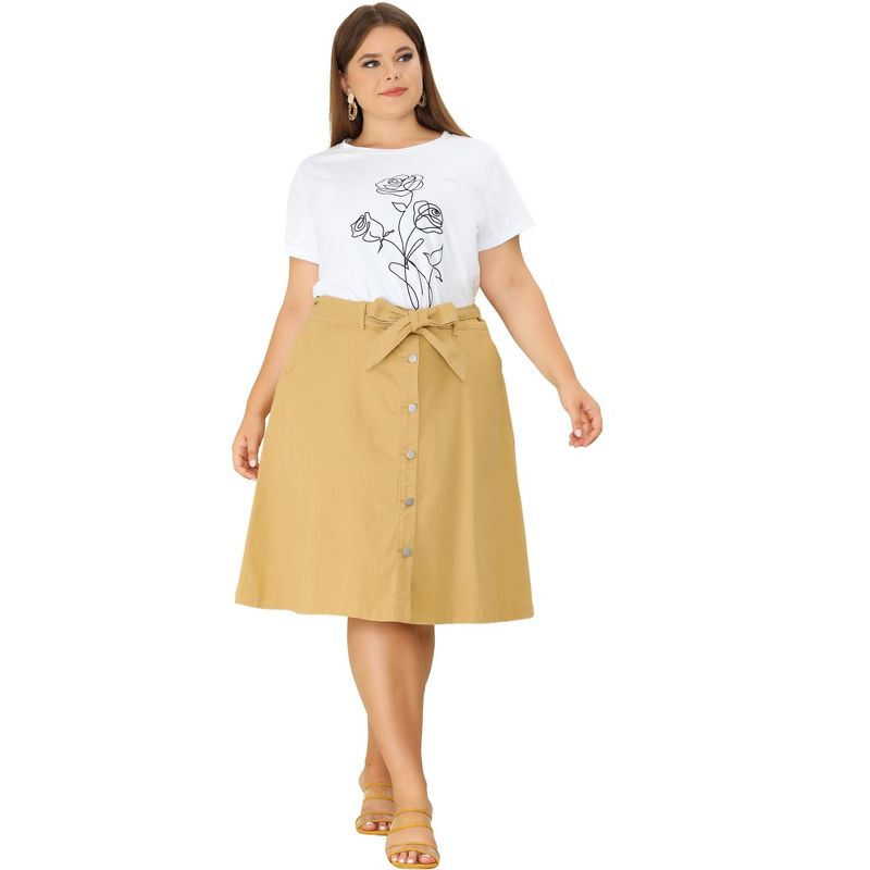 Agnes Orinda Women's Plus Size Denim Tie Waist Button Front A-Line Midi Skirts, 3 of 6