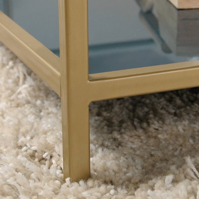 Satin Gold Square Coastal Glass Coffee Table with Abstract Shelves