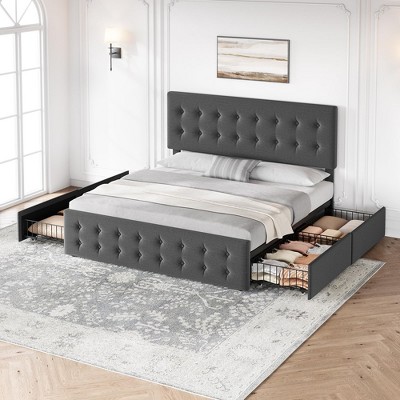 Bed Frame with 4 Storage Drawers and Headboard, Linen Upholstered Platform Bed Frame with Wooden Slats Support