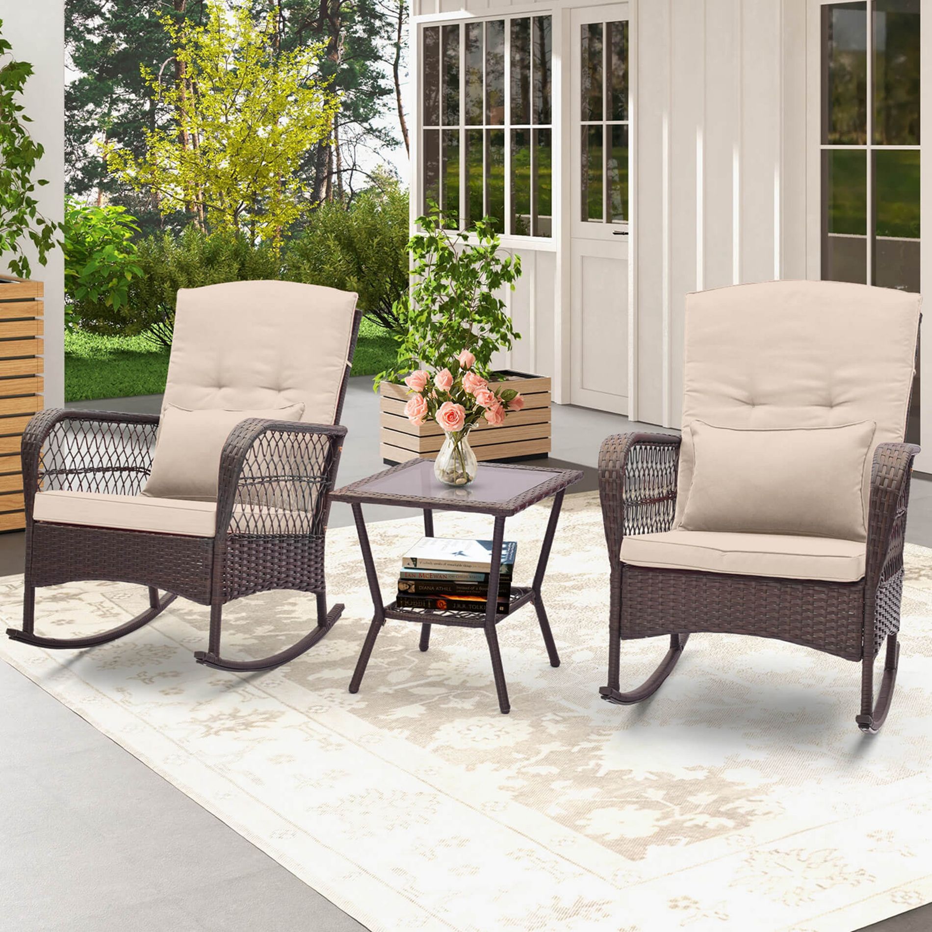Costway 3 PCS Patio Rocker Set Outdoor Wicker Rocking Chairs with Double-Layer Coffee Table Beige